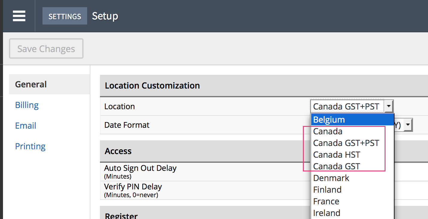 Figure showing location settings for Canada in Retail